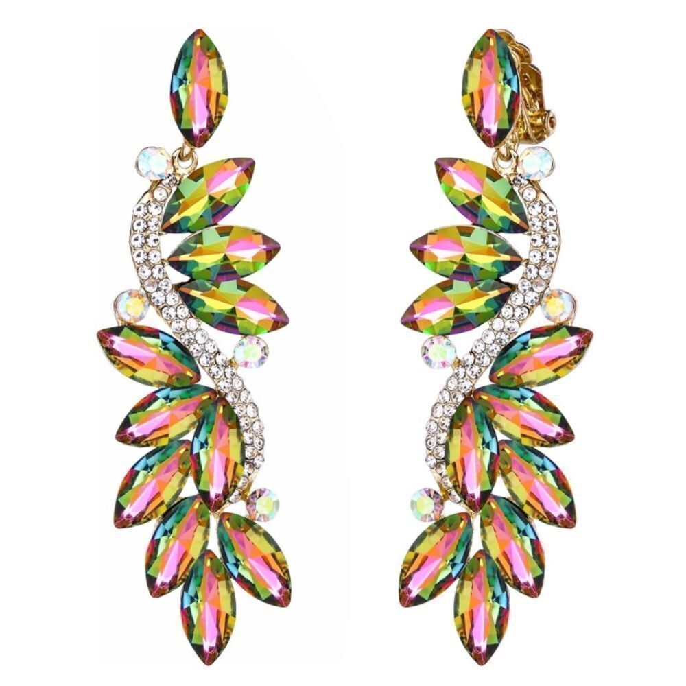 Yellow Gold with Medium Vitrail AB Austrian Crystal Clip On Chandelier Earrings